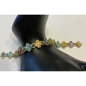 Barbara Bixby Sterling Silver 18K Gold Multi Gemstone Flower Link Bracelet 7.25